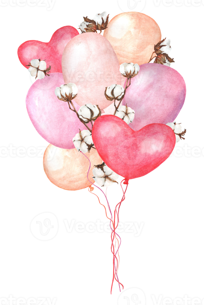 bouquet aquarelle de ballons et de fleurs de coton. ballon rouge en forme de coeur avec de l'hélium. une bonne option est une carte de voeux png