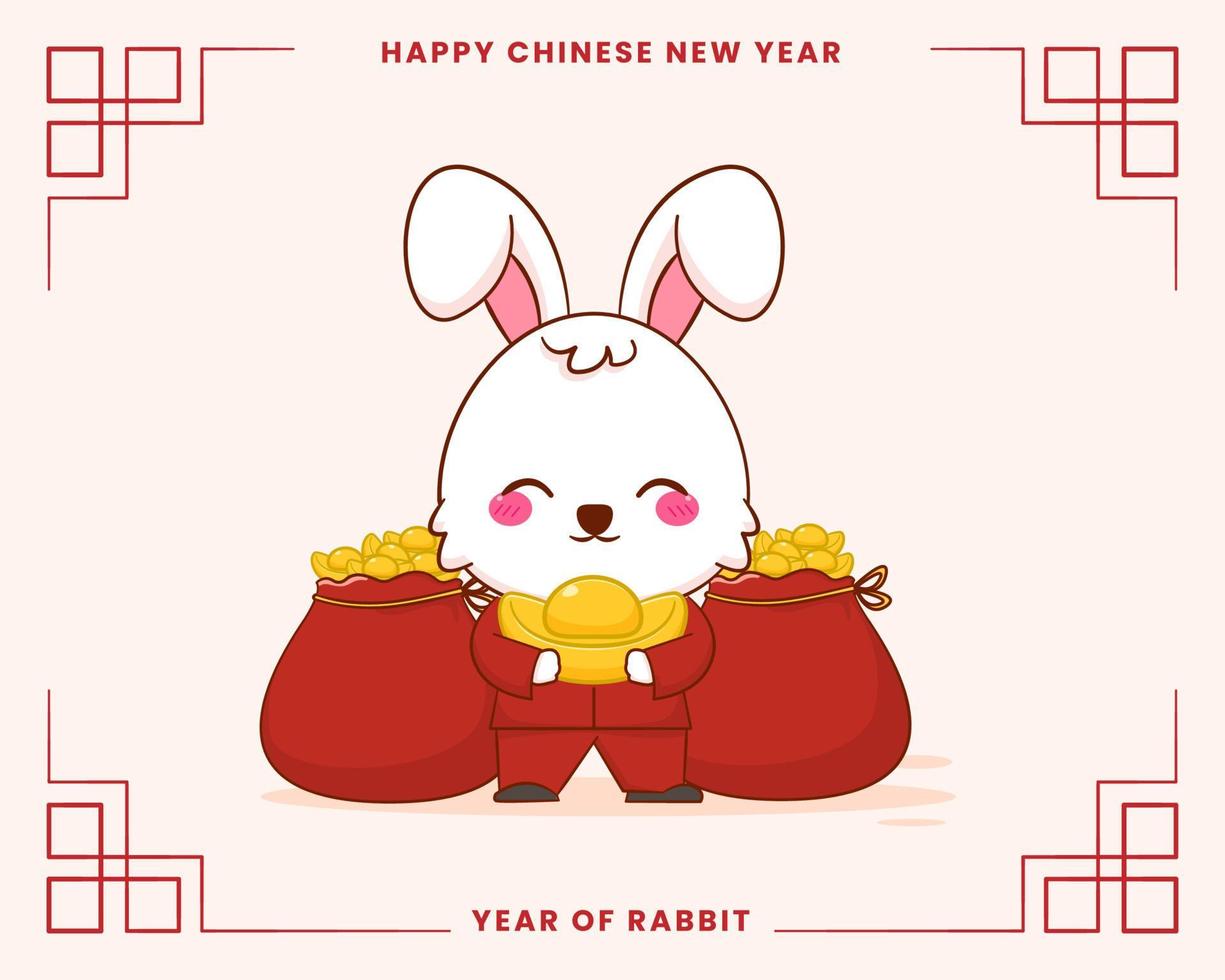 Happy Chinese new year greeting card 2023 with cute rabbit wearing traditional costume. Rabbit holding a bag of gold. Year of rabbit. vector