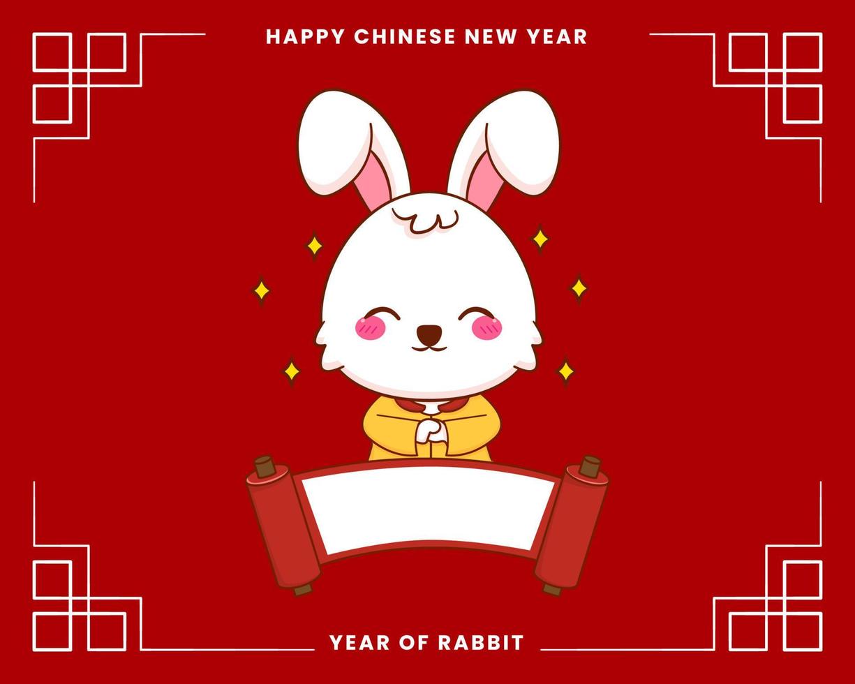 Happy Chinese new year greeting card 2023 with cute rabbit wearing traditional costume. Rabbit holding blank paper. Year of rabbit. vector