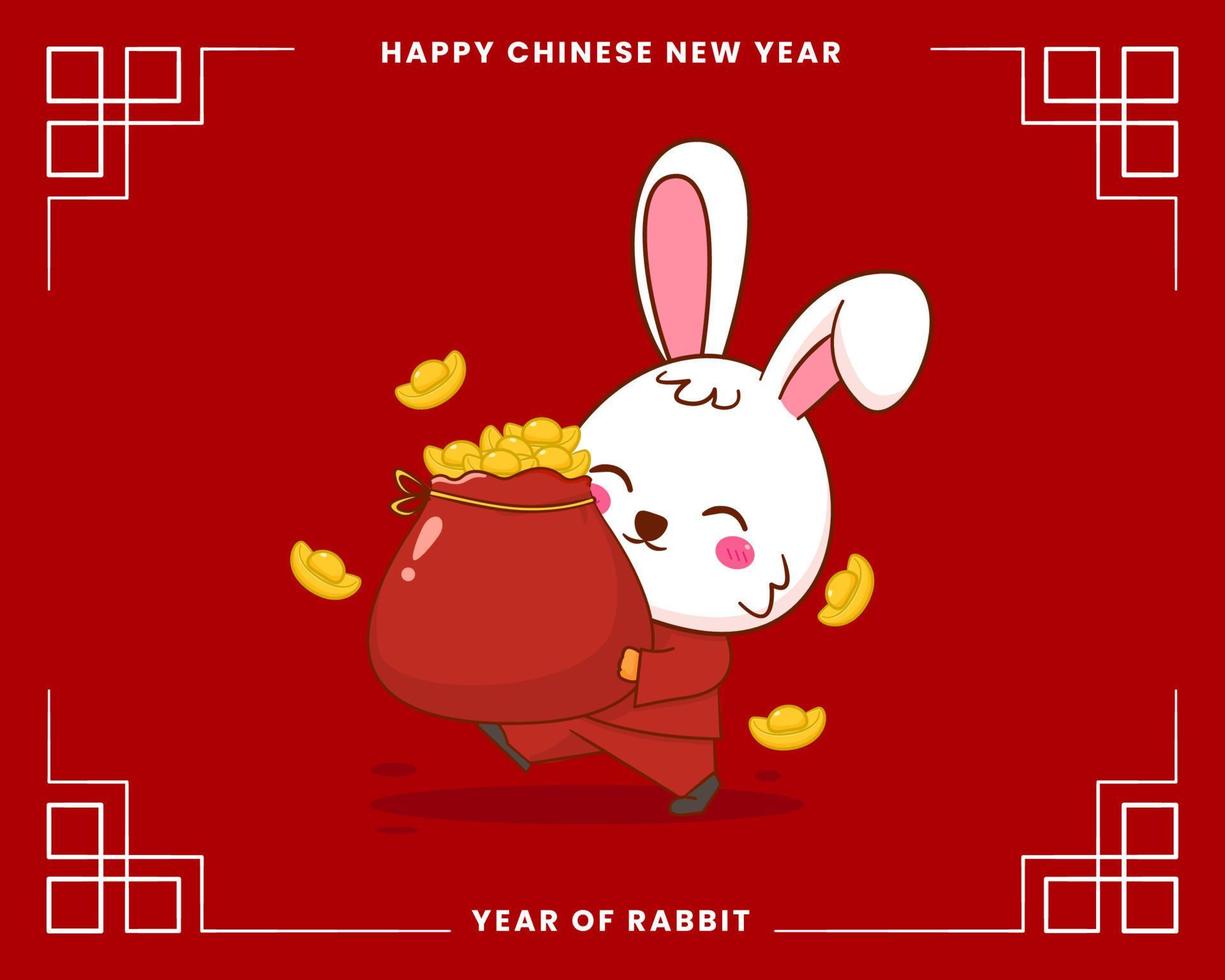 Happy Chinese new year greeting card 2023 with cute rabbit wearing traditional costume. Rabbit holding a bag of gold. Year of rabbit. vector