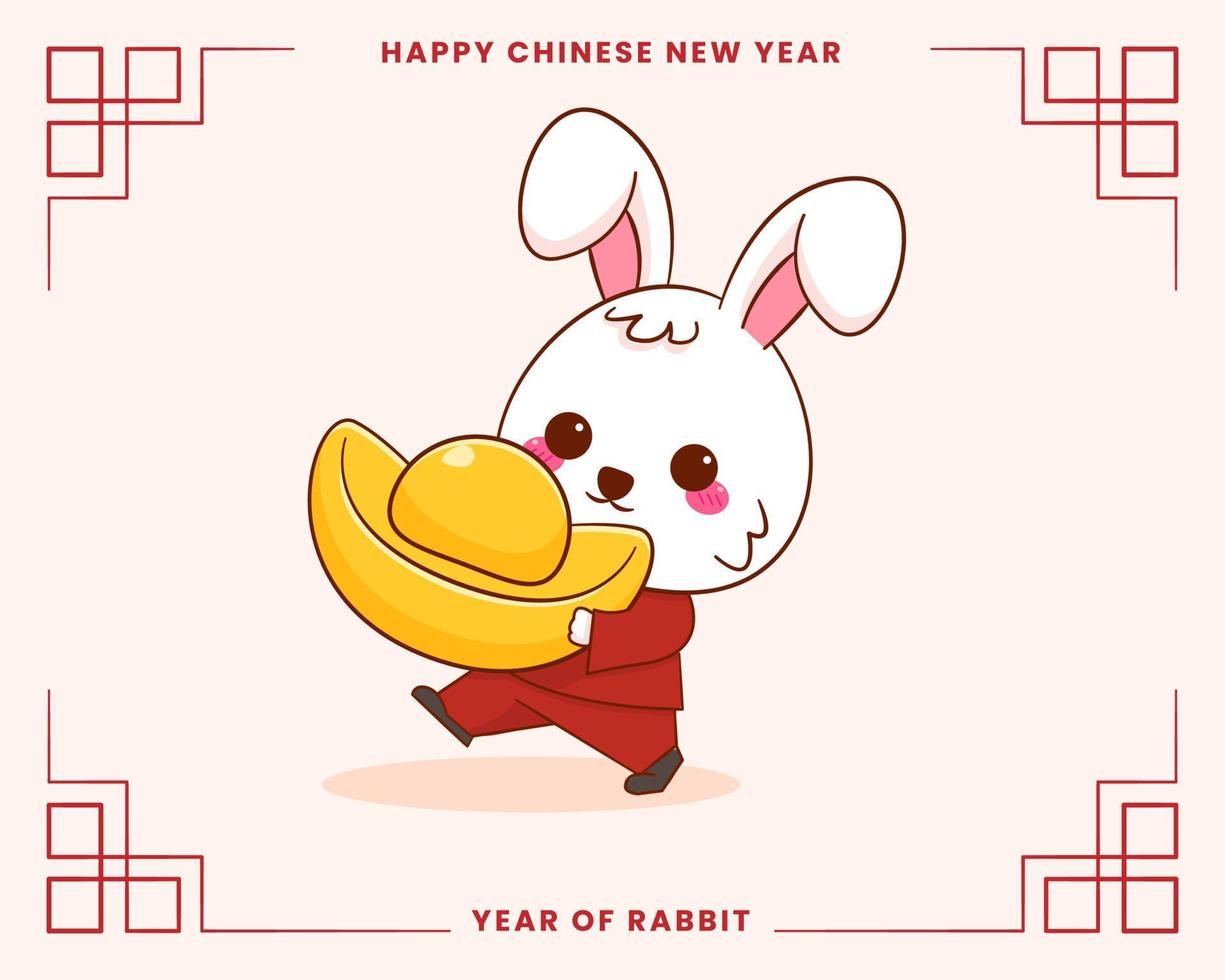 Happy Chinese new year greeting card 2023 with cute rabbit wearing traditional costume. Rabbit holding gold ingot. Year of rabbit. vector