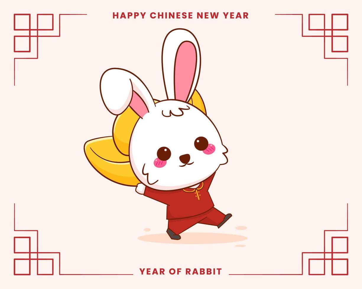 Happy Chinese new year greeting card 2023 with cute rabbit wearing traditional costume. Rabbit holding gold ingot. Year of rabbit. vector