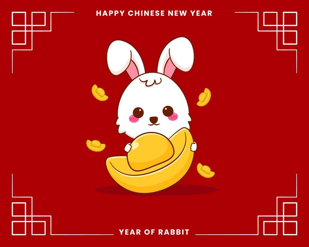 Happy Chinese new year greeting card 2023 with cute rabbit wearing traditional costume. Rabbit holding gold ingot. Year of rabbit. vector