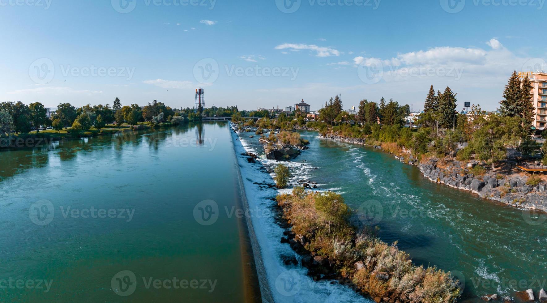 Aerial view of the water fall that the city of Idaho Falls, ID USA is