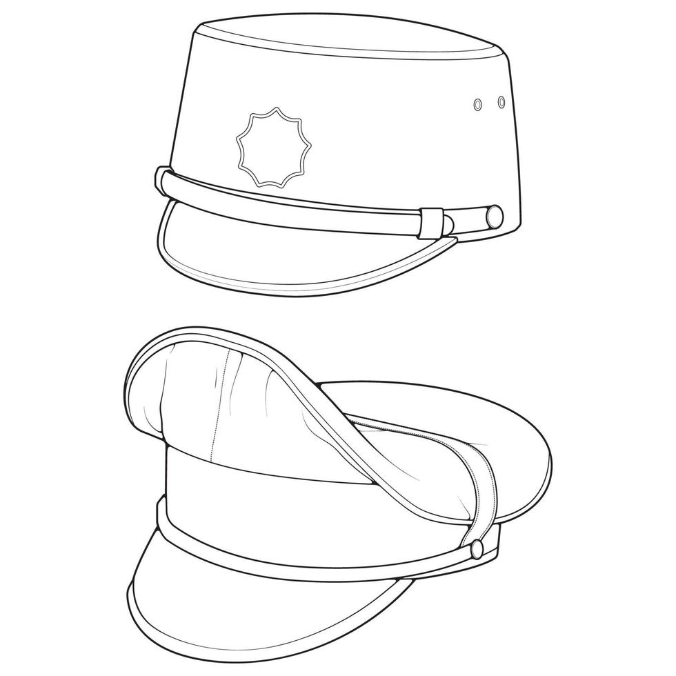 Set of outline military cap vector illustration isolated on white background. Outline military cap vector for coloring book.