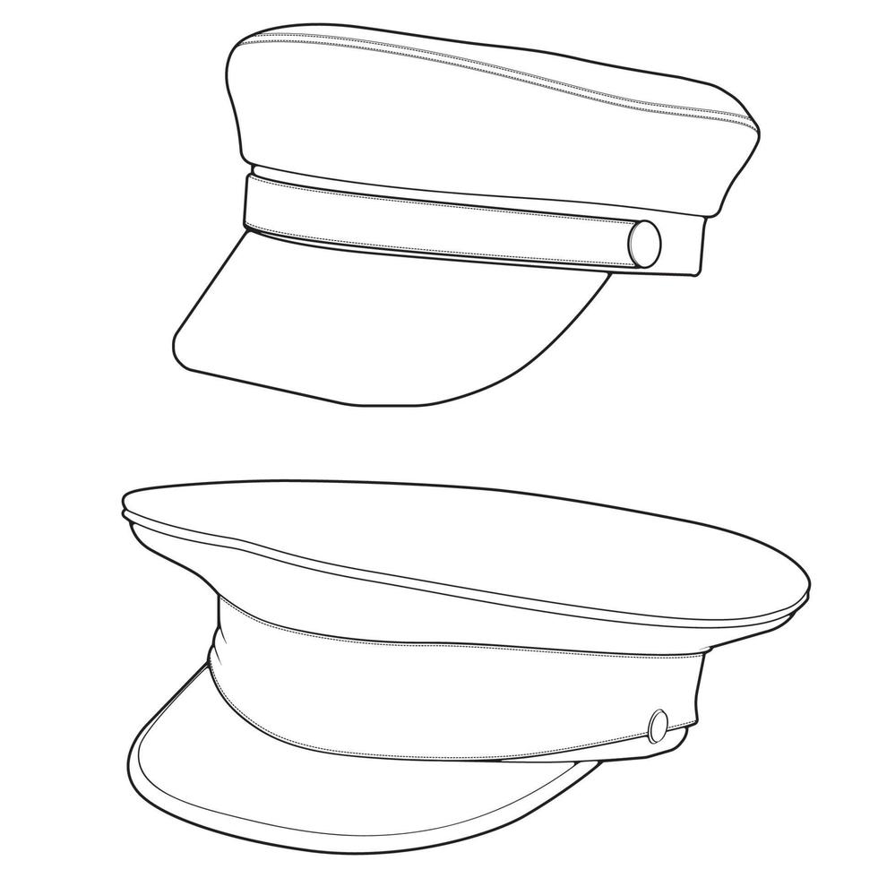 Set of outline military cap vector illustration isolated on white background. Outline military cap vector for coloring book.