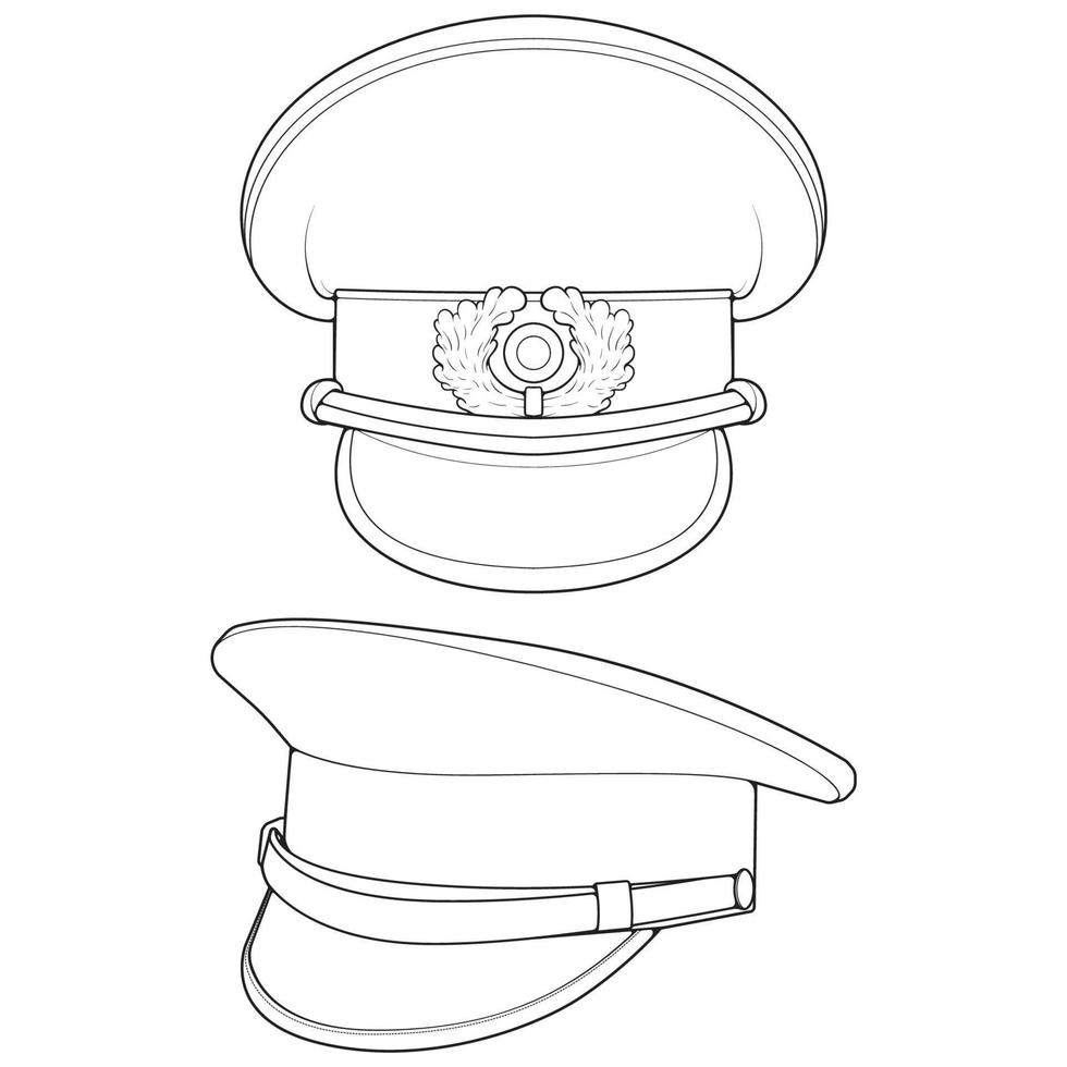 Set of outline military cap vector illustration isolated on white background. Outline military cap vector for coloring book.