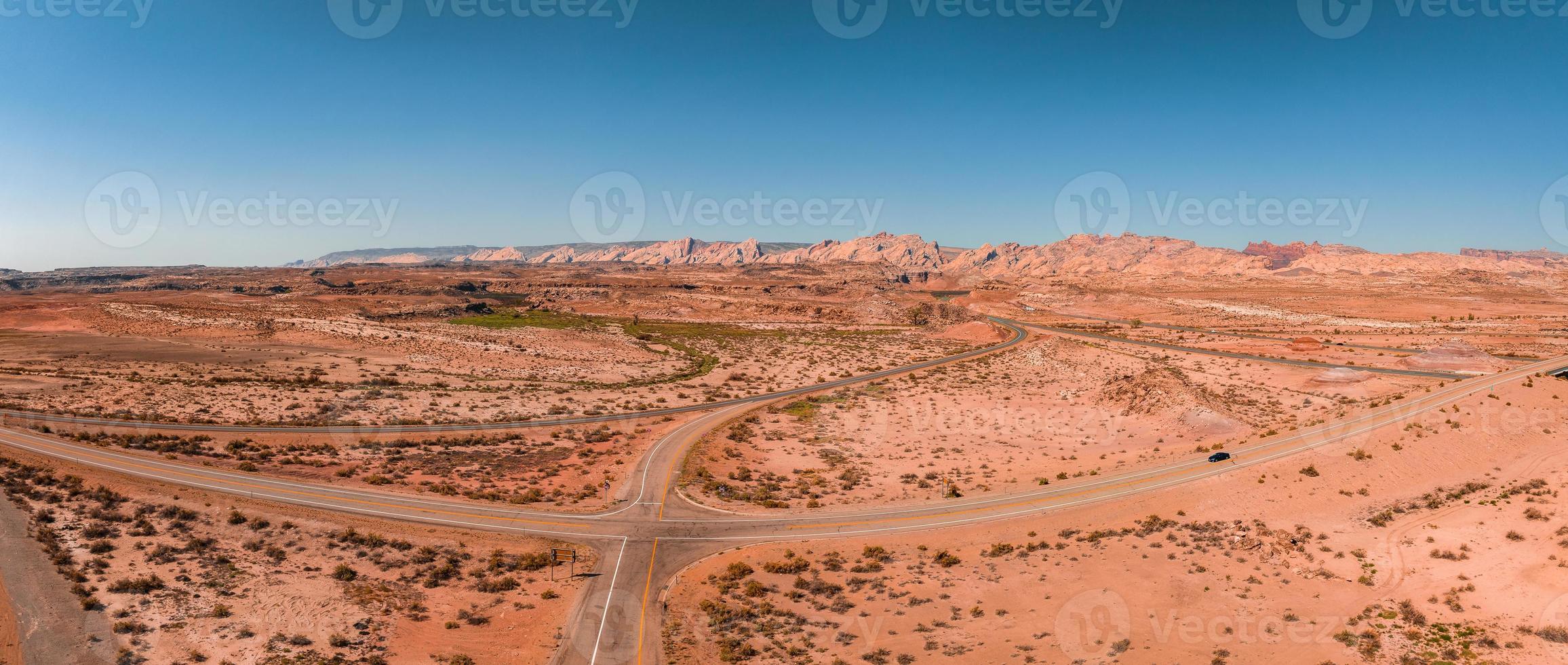 Panoramic image of a lonely, seemingly endless road in the desert of Southern Arizona. photo