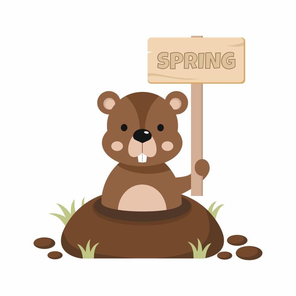 feliz dia de la marmota. lindo animal tiene cartel con inscripción primavera en sus patas. predicción del tiempo Febrero 2. vector