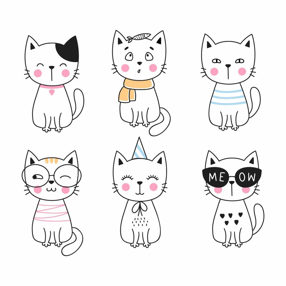 Set of doodle stickers. Funny kitten. Cute cat in cartoon style. vector