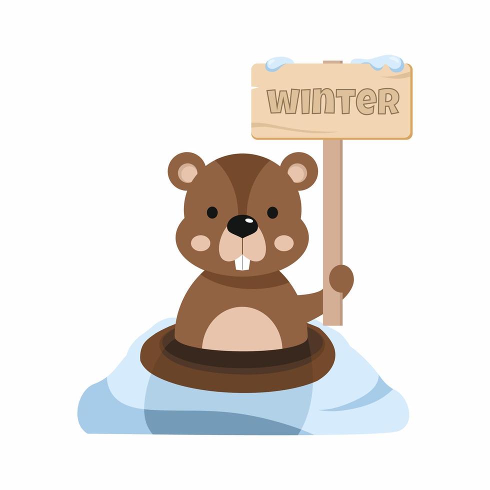 Happy groundhog Day. Cute animal crawled out of hole. Groundhog holds sign with inscription winter. Banner for  holiday on February 2. vector