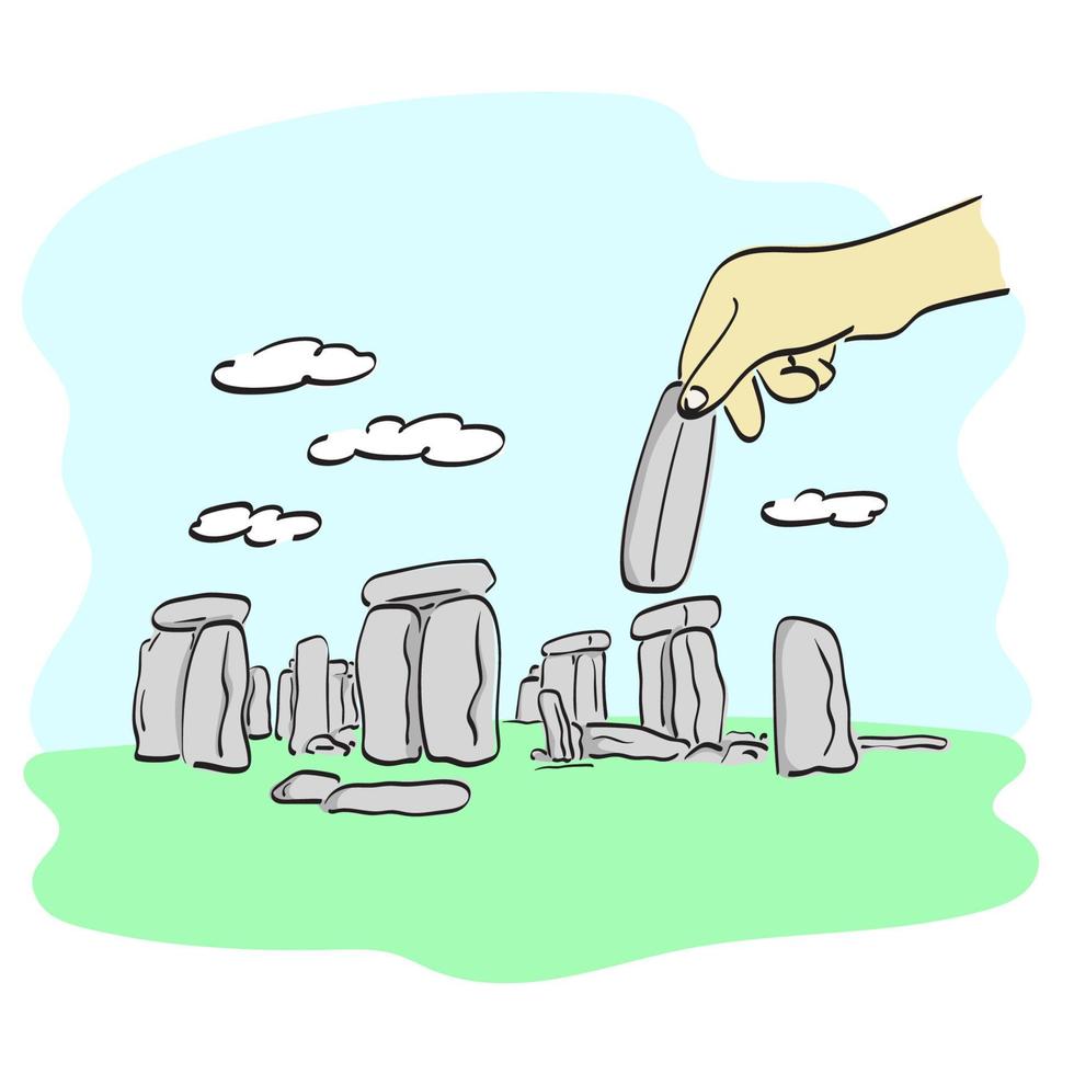 hand holding long stone on stonehenge illustration vector hand drawn isolated on white background line art.