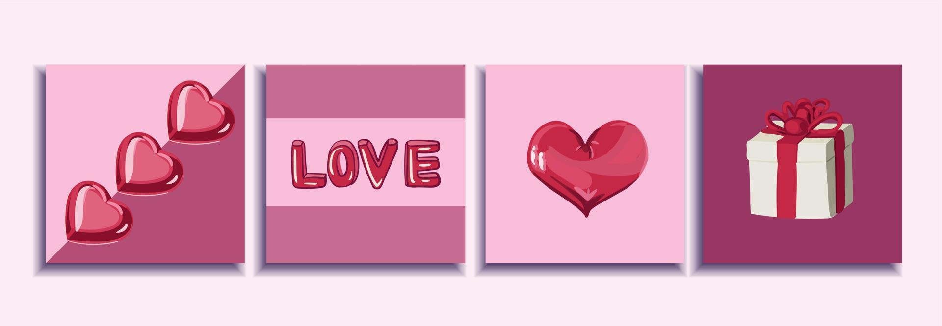 conjunto de carteles de concepto de día de san valentín. ilustración vectorial corazones de papel rojo y rosa planos con marco sobre fondo geométrico. lindas pancartas de venta de amor o tarjetas de felicitación. vector