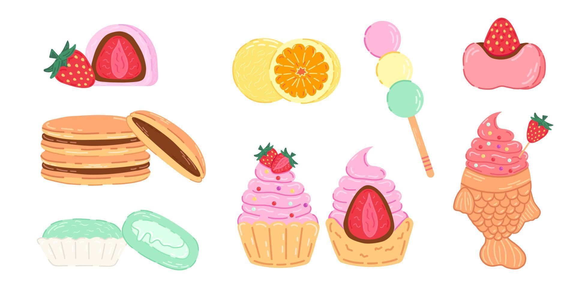 conjunto de diferentes dulces asiáticos daifuku, dango, taiyaki, dorayaki, mochi. vector