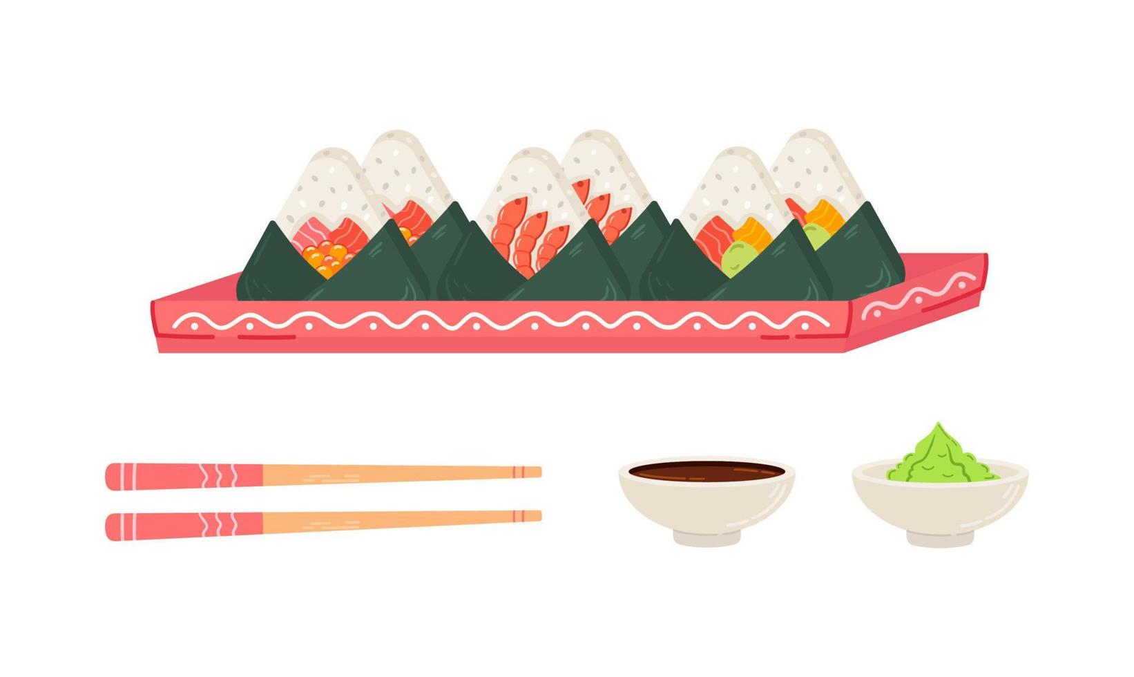 Onigiri set on plate with chopsticks, soy sauce and wasabi. vector