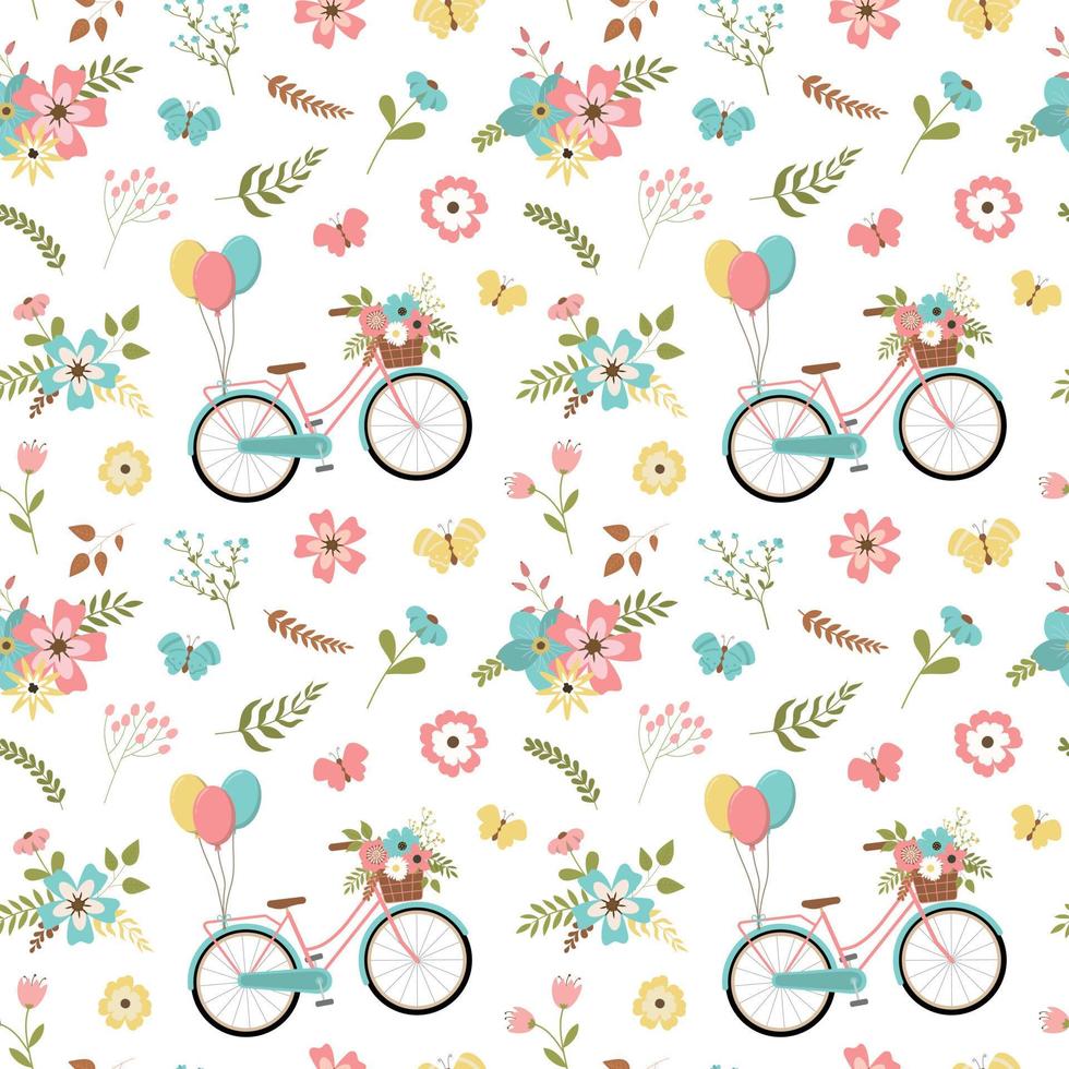 Floral spring romantic pattern with flower bouquets, bikes, and leaves pattern. Isolated on white background. Cute spring design. vector