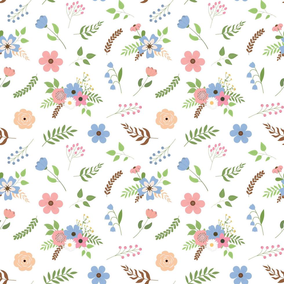 Cute spring floral seamless pattern with flowers, leaves, and berries. Isolated on white background. vector