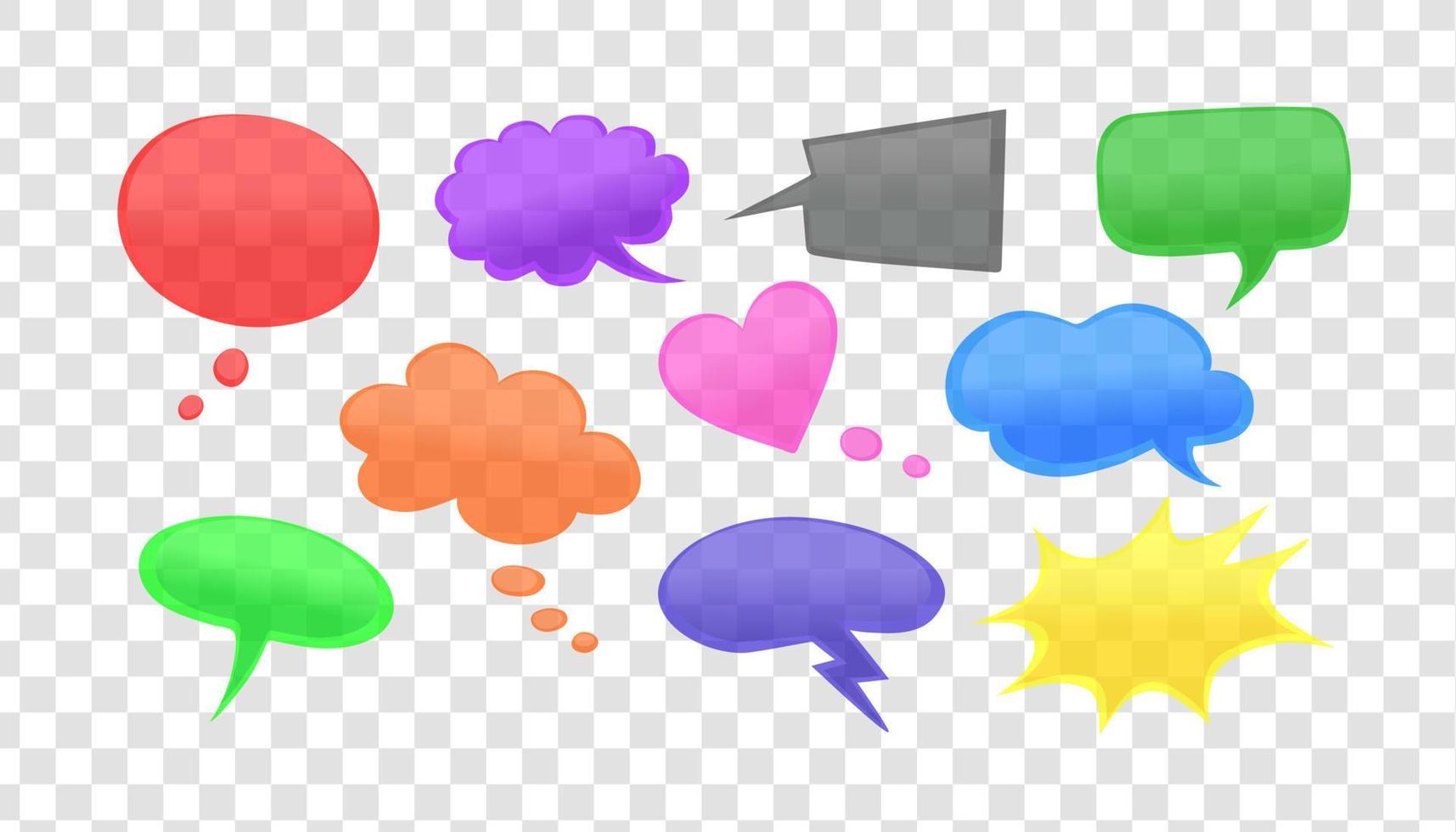 Collection of hand drawn speech bubbles of various shapes, with gradient coloring and 3d effect. Word, thought, emotion, conversation balloons for comics, comment, sticker, presentation vector