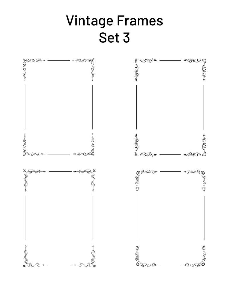 Set of 4 nice retro ornate frames with corner flourishes, collection of exclusive rectangle vignette templates. Copy space hand drawn design elements, for pages, certificates, greetings vector