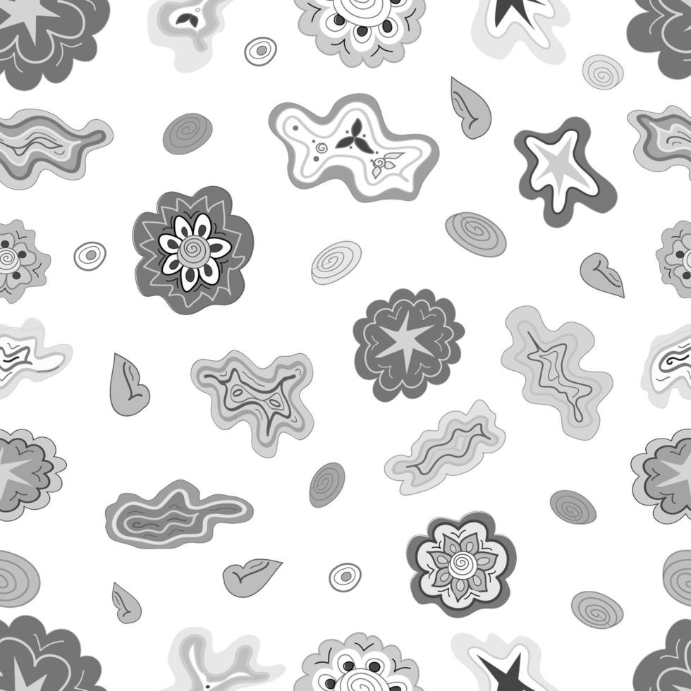 Seamless pattern made of black and white stylized flowers, stars, and clouds. Easy and funny childlike scribble, creative hand-drawn design, doodle ornaments for prints on textile, wrapping paper vector