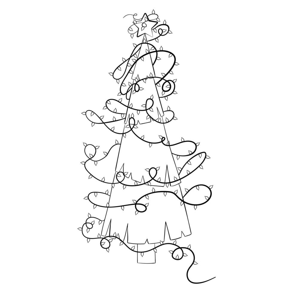 Cartoon Christmas tree with Christmas lights for coloring book. Linear design for children's coloring books. vector