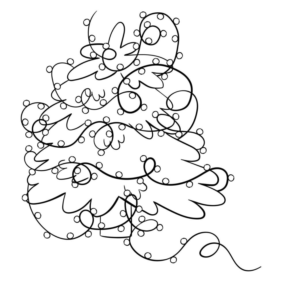 Cartoon Christmas tree with Christmas lights for coloring book. Linear design for children's coloring books. vector