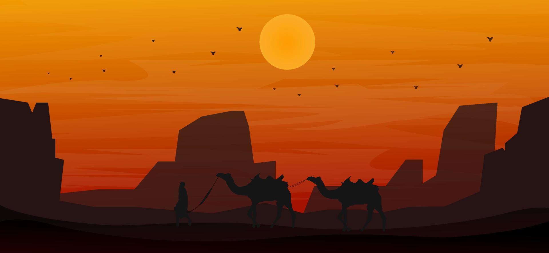 puesta de sol del valle del desierto con ilustración de camellos vector