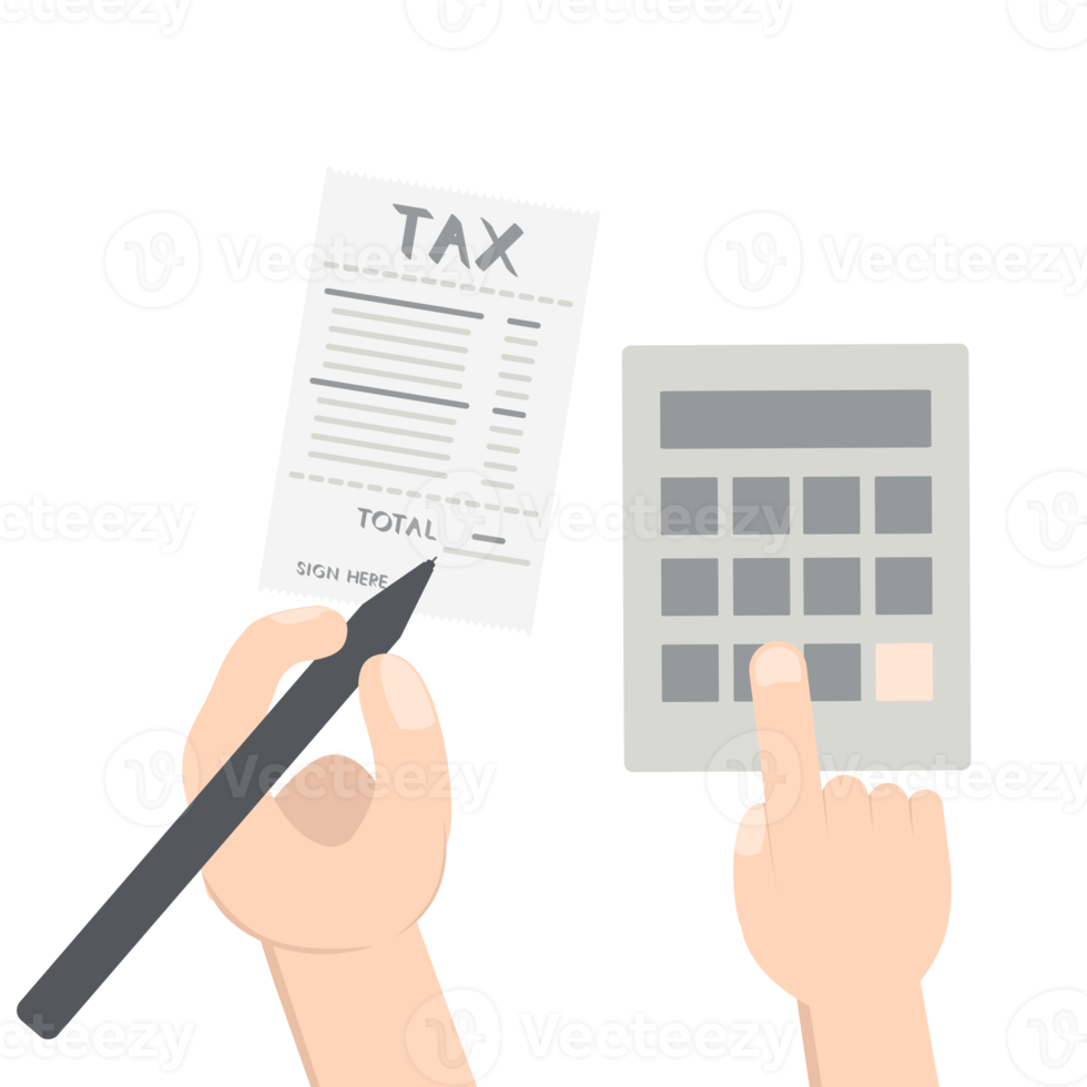 hand pressing calc counting tax paper and sign using pen png