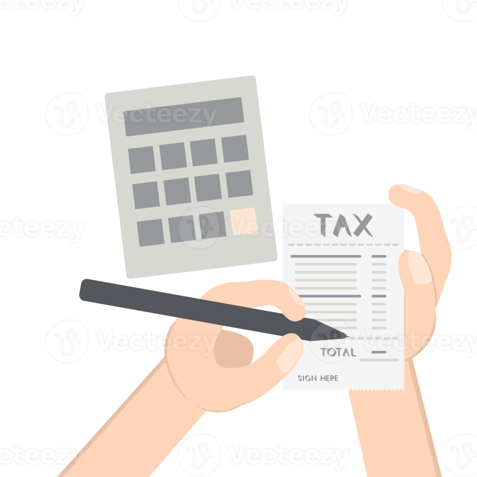 hand sign tax paper using pen in front calc png