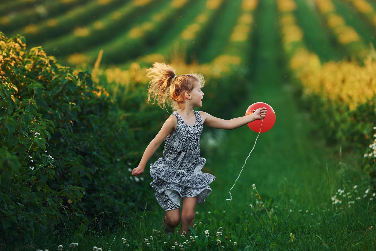 Positive little girl with red balloon in hands have fun on the field at summer day time photo