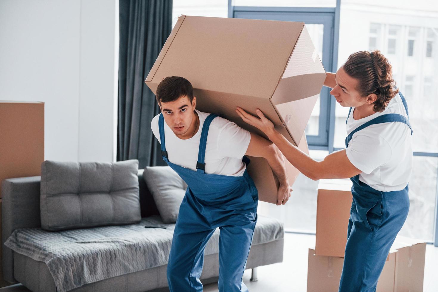 Heavy boxes. Two young movers in blue uniform working indoors in the room photo