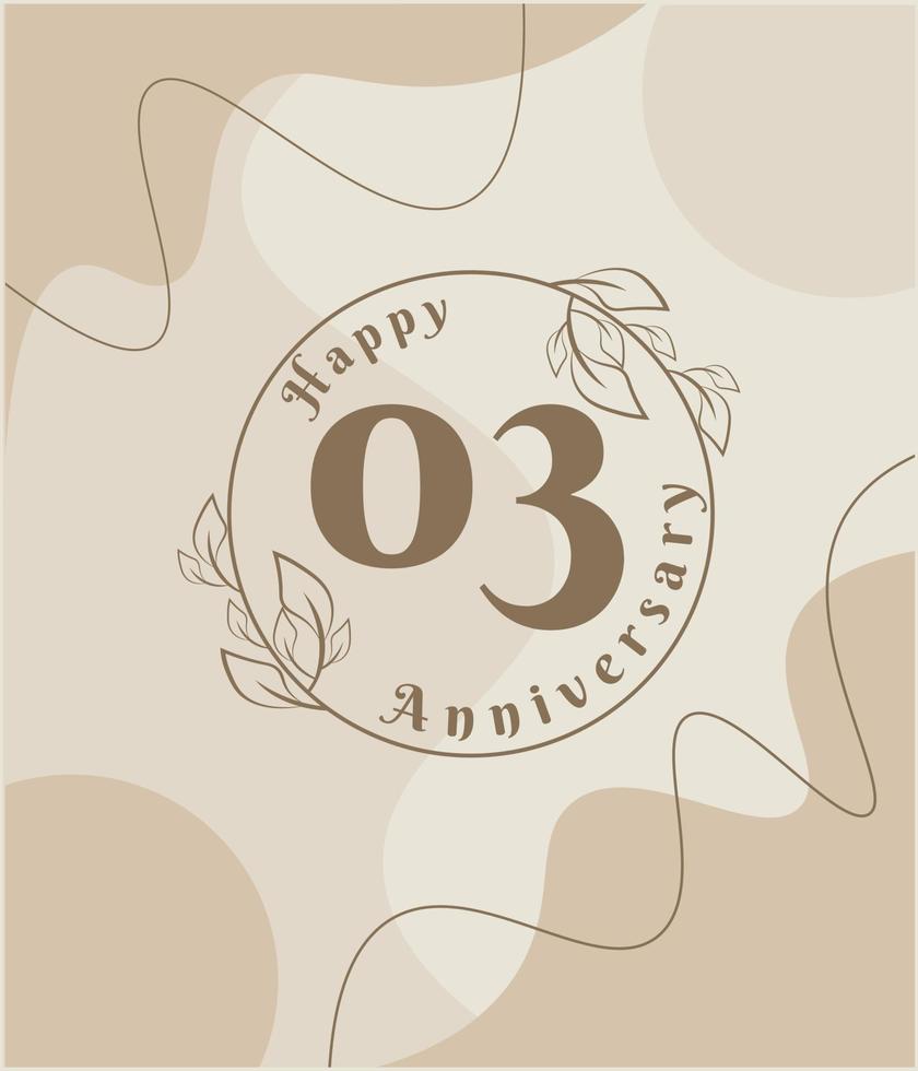 03 años de aniversario, logo minimalista. ilustración de vector marrón en diseño de plantilla de follaje minimalista, dibujo de tinta de arte de línea de hojas con fondo vintage abstracto.
