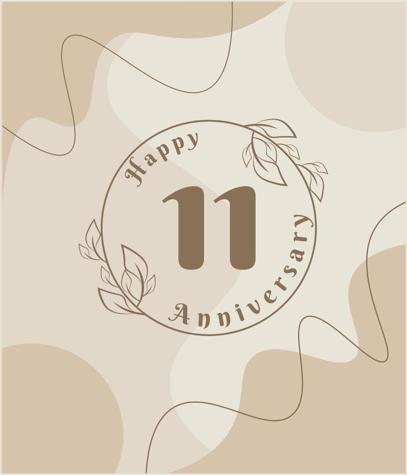 11 year anniversary, minimalist logo. brown vector illustration on Minimalist foliage template design, leaves line art ink drawing with abstract vintage background.