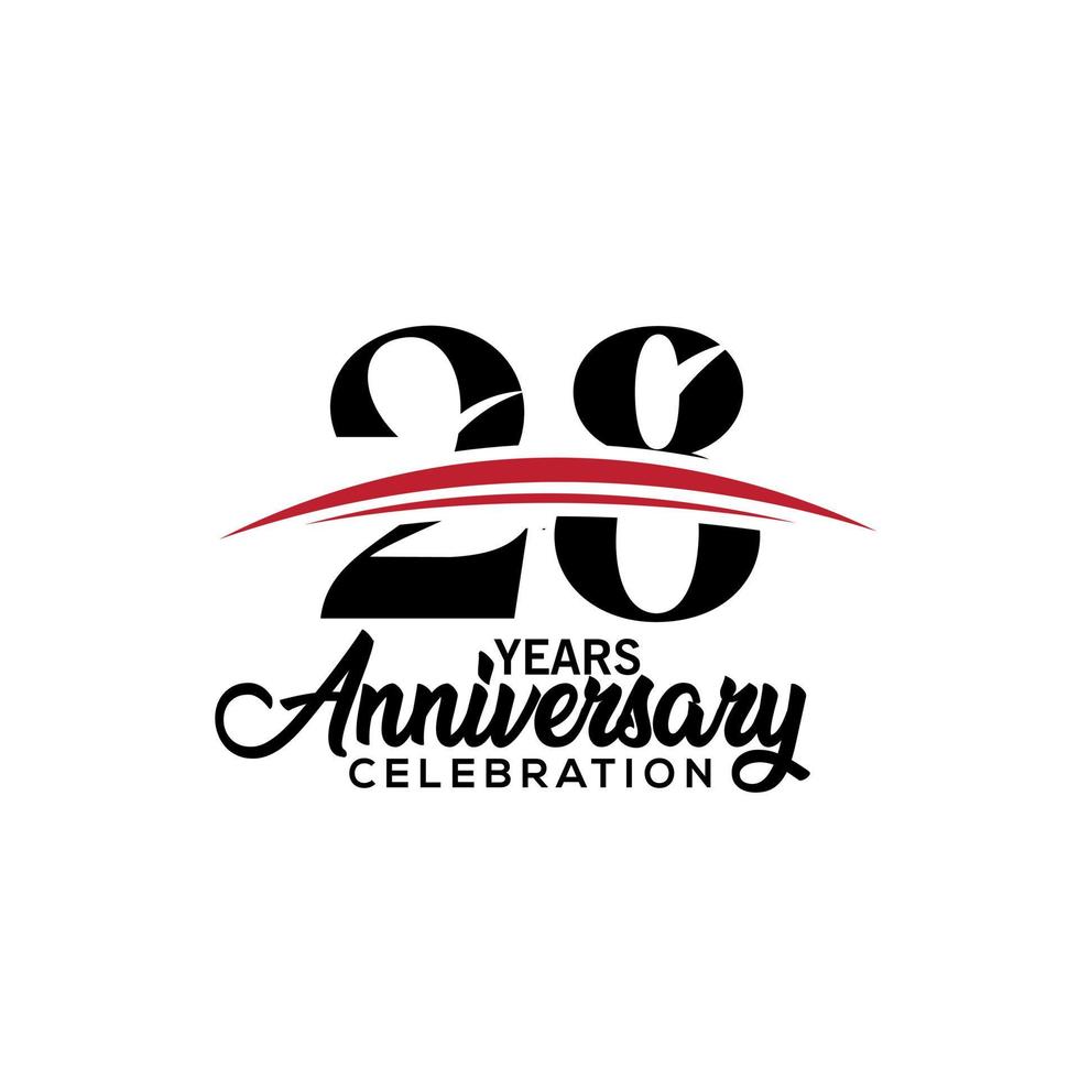 Plantilla de diseño de celebración del 28 aniversario para folleto con color rojo y negro, folleto, revista, cartel de folleto, web, invitación o tarjeta de felicitación. ilustración vectorial vector