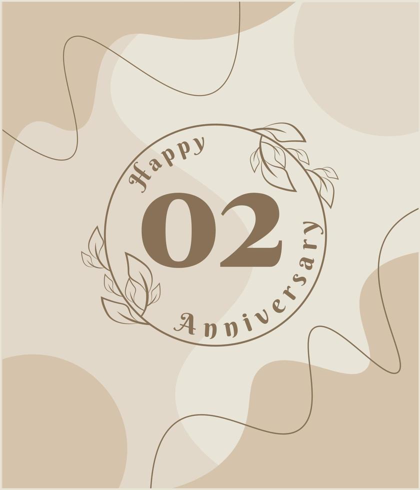 02 años de aniversario, logotipo minimalista. ilustración de vector marrón en diseño de plantilla de follaje minimalista, dibujo de tinta de arte de línea de hojas con fondo vintage abstracto.