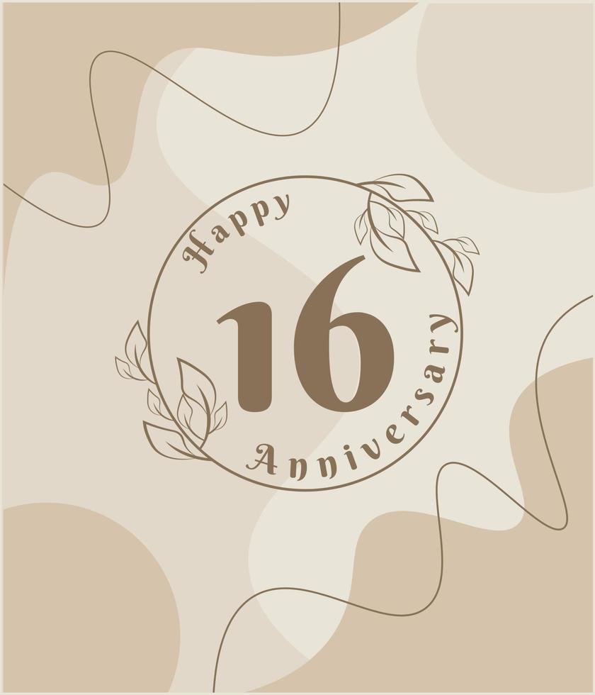 16 year anniversary, minimalist logo. brown vector illustration on Minimalist foliage template design, leaves line art ink drawing with abstract vintage background.