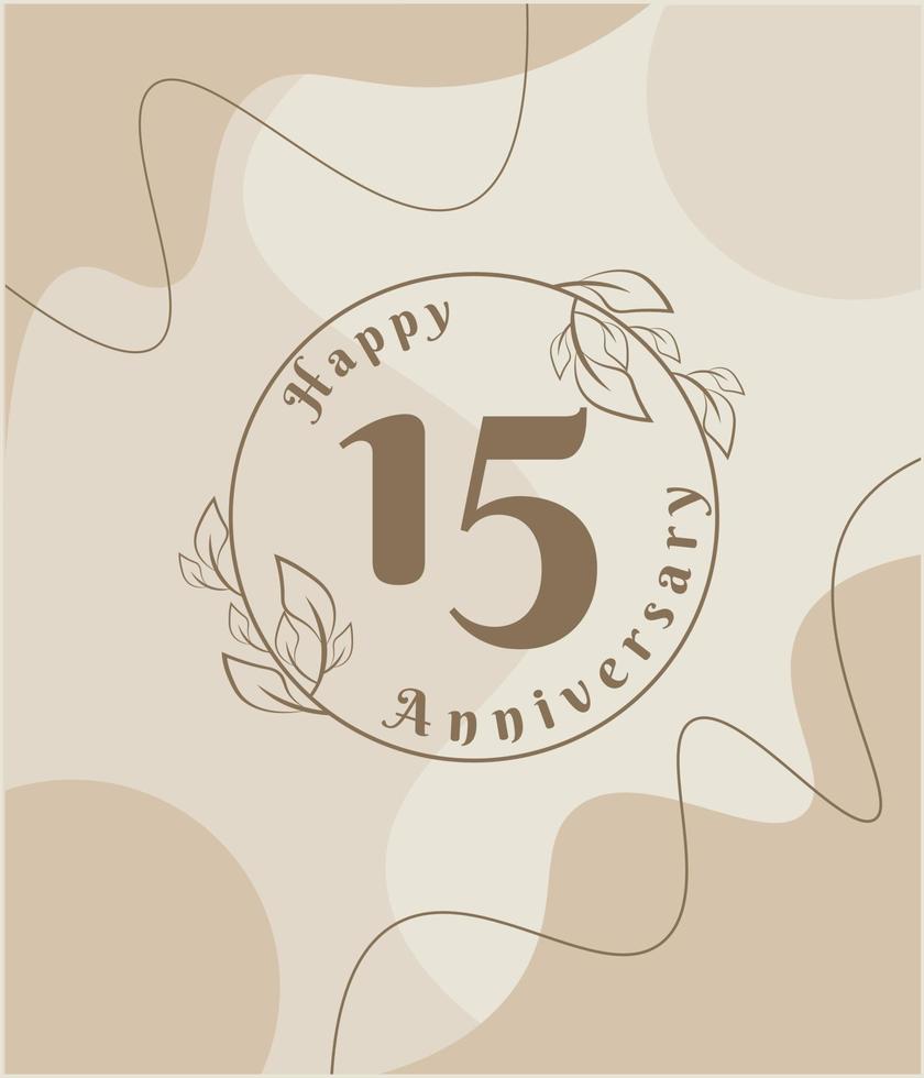 15 años de aniversario, logotipo minimalista. ilustración de vector marrón en diseño de plantilla de follaje minimalista, dibujo de tinta de arte de línea de hojas con fondo vintage abstracto.