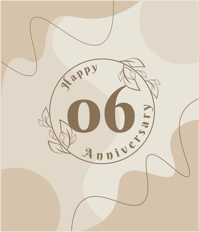 06 años de aniversario, logotipo minimalista. ilustración de vector marrón en diseño de plantilla de follaje minimalista, dibujo de tinta de arte de línea de hojas con fondo vintage abstracto.