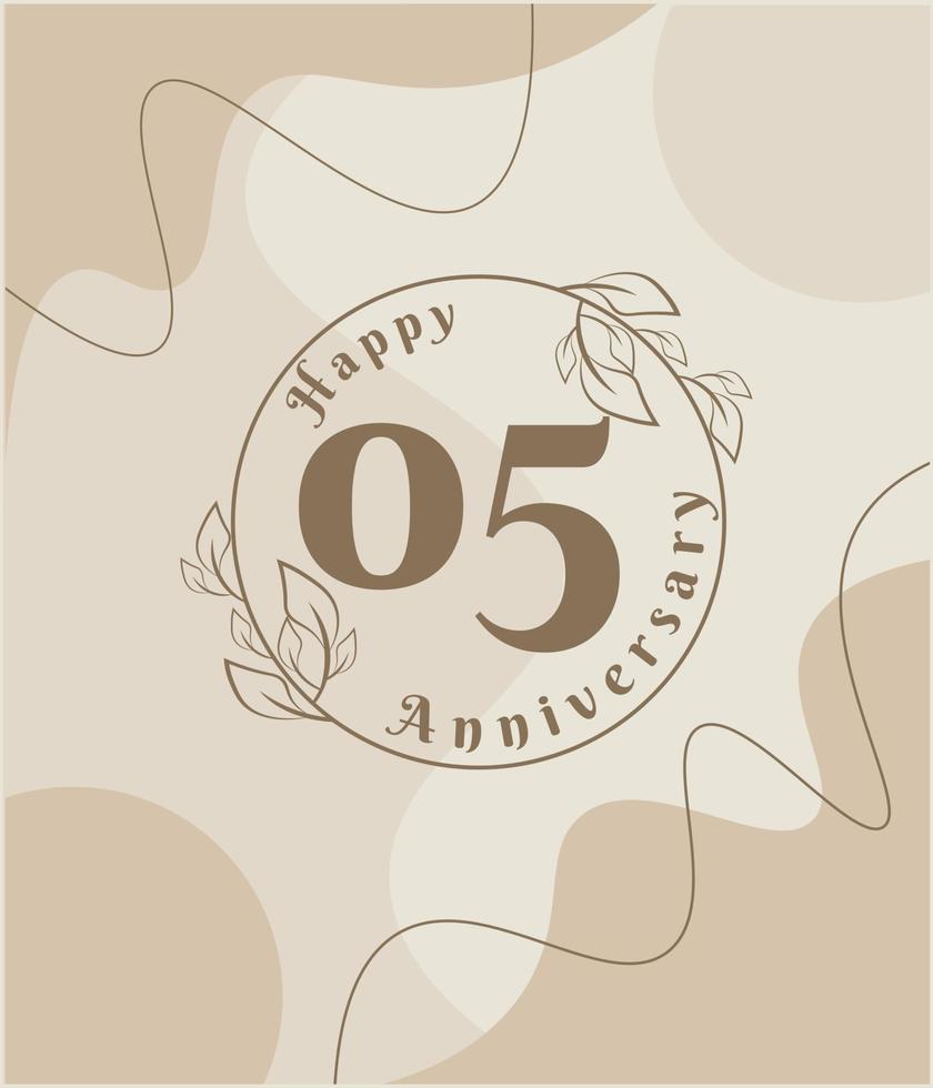 05 años de aniversario, logo minimalista. ilustración de vector marrón en diseño de plantilla de follaje minimalista, dibujo de tinta de arte de línea de hojas con fondo vintage abstracto.