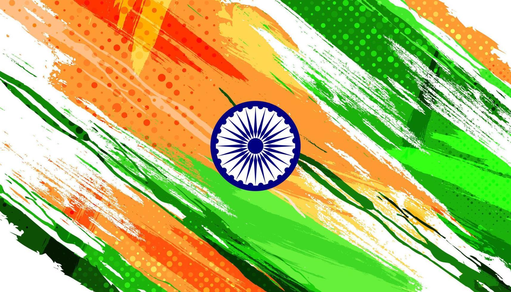 fondo de la bandera india con estilo de pincel y efecto de trama de semitonos. ilustración de bandera nacional tricolor india con concepto grunge vector