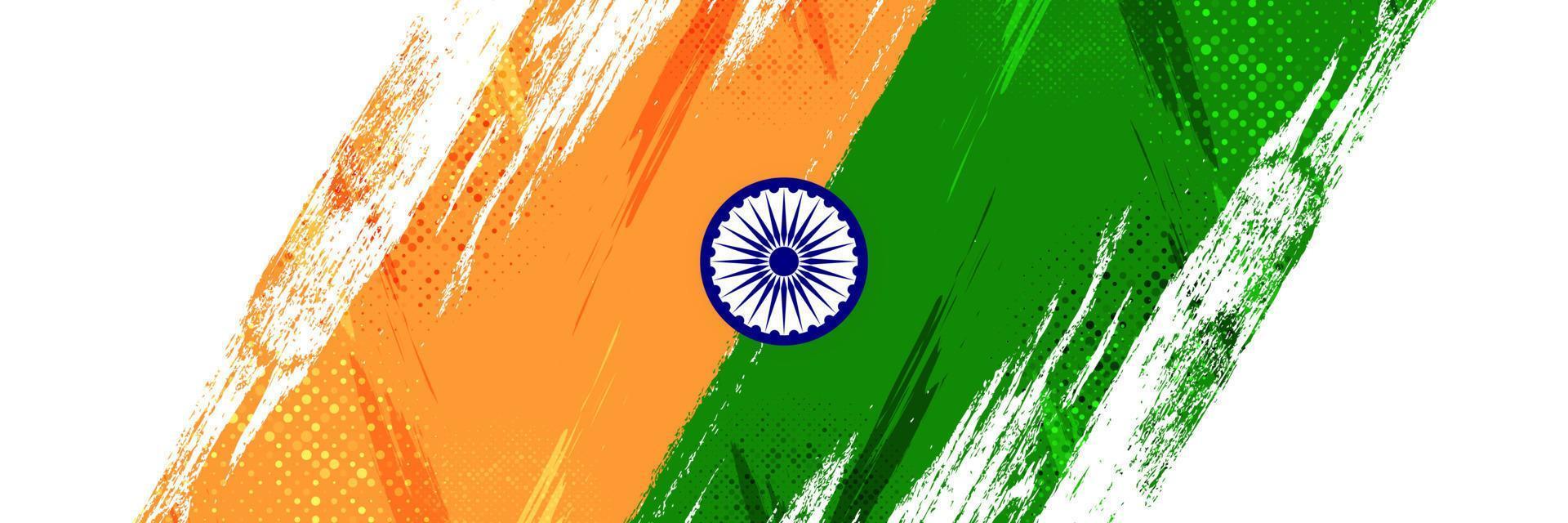 fondo de la bandera india con estilo de pincel y efecto de trama de semitonos. ilustración de bandera nacional tricolor india con concepto grunge vector