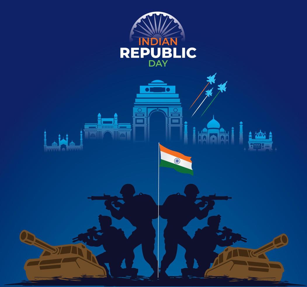 India Republic Day celebration. 26 January. Indian defense concept. Template for background, banner, card, poster. vector illustration.