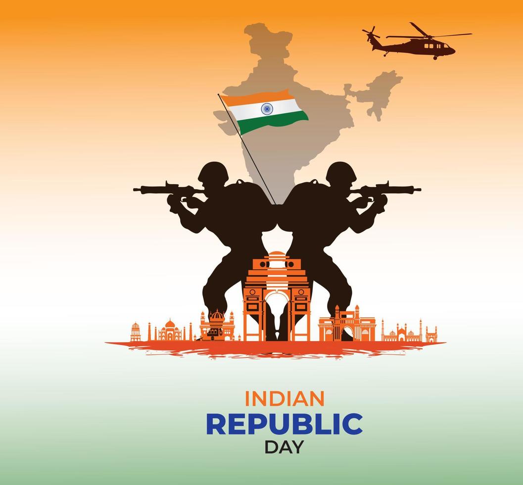 India Republic Day celebration. 26 January. Indian defense concept. Template for background, banner, card, poster. vector illustration.