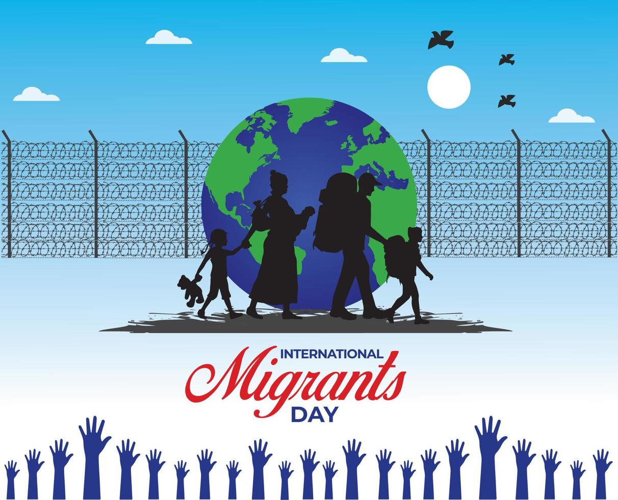 ilustración vectorial del concepto del día mundial de los refugiados. plantilla del día mundial de los refugiados para fondo, pancarta, tarjeta, afiche. familias de refugiados cerca de la valla - concepto del día internacional del migrante. vector