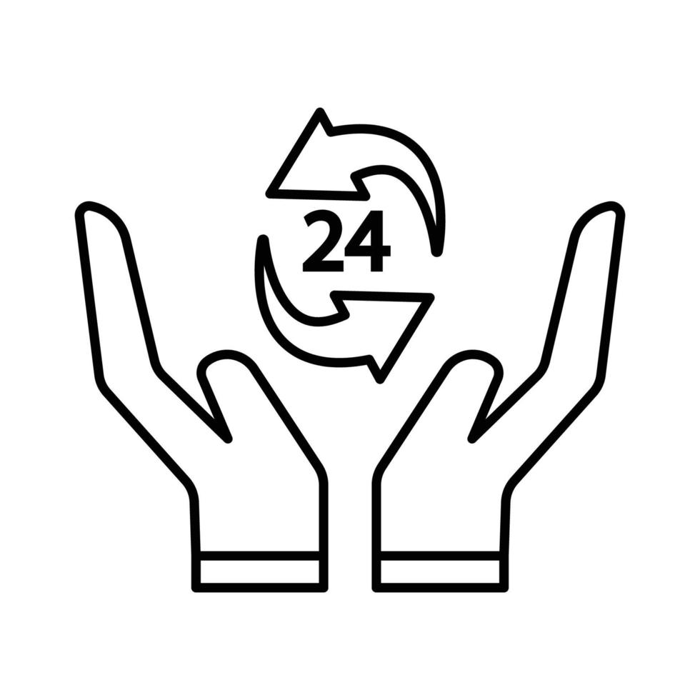 hand icon illustration with arrow and 24 hour. suitable for order safety icon. icon related to logistic, delivery. Line icon style. Simple vector design editable