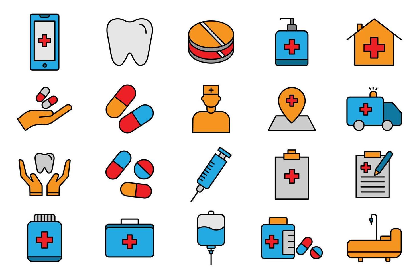 conjunto de iconos de ilustración médica y sanitaria. estilo de icono de color lineal. diseño vectorial simple editable vector