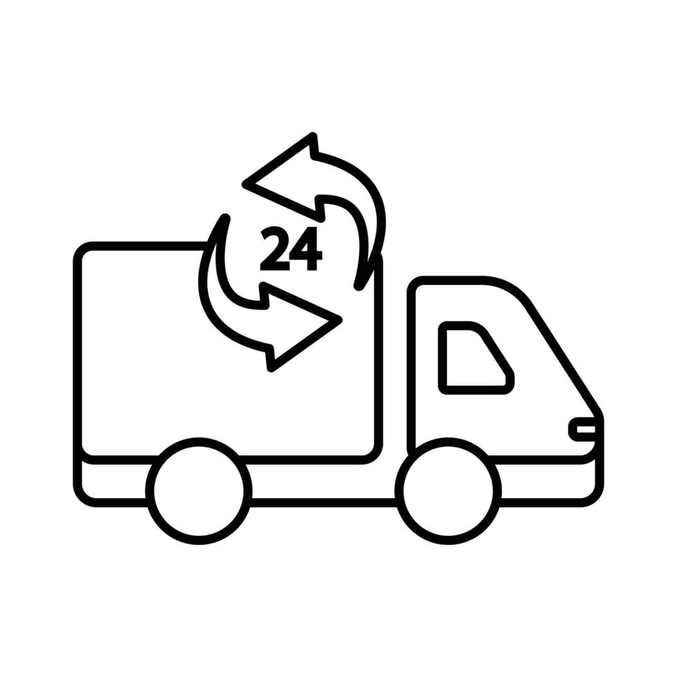 Delivery truck icon illustration with arrow and 24 hour. suitable for fast shipping icon. icon related to logistic, delivery. Line icon style. Simple vector design editable