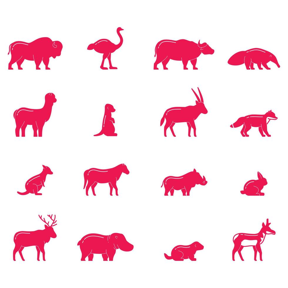 Collection of vector silhouette of farm and wild animal. Symbol of nature and creatures.