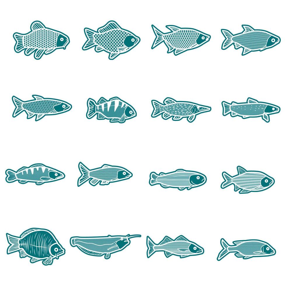 Fish outline vector icon set tropical, marine, oceanic, freshwater