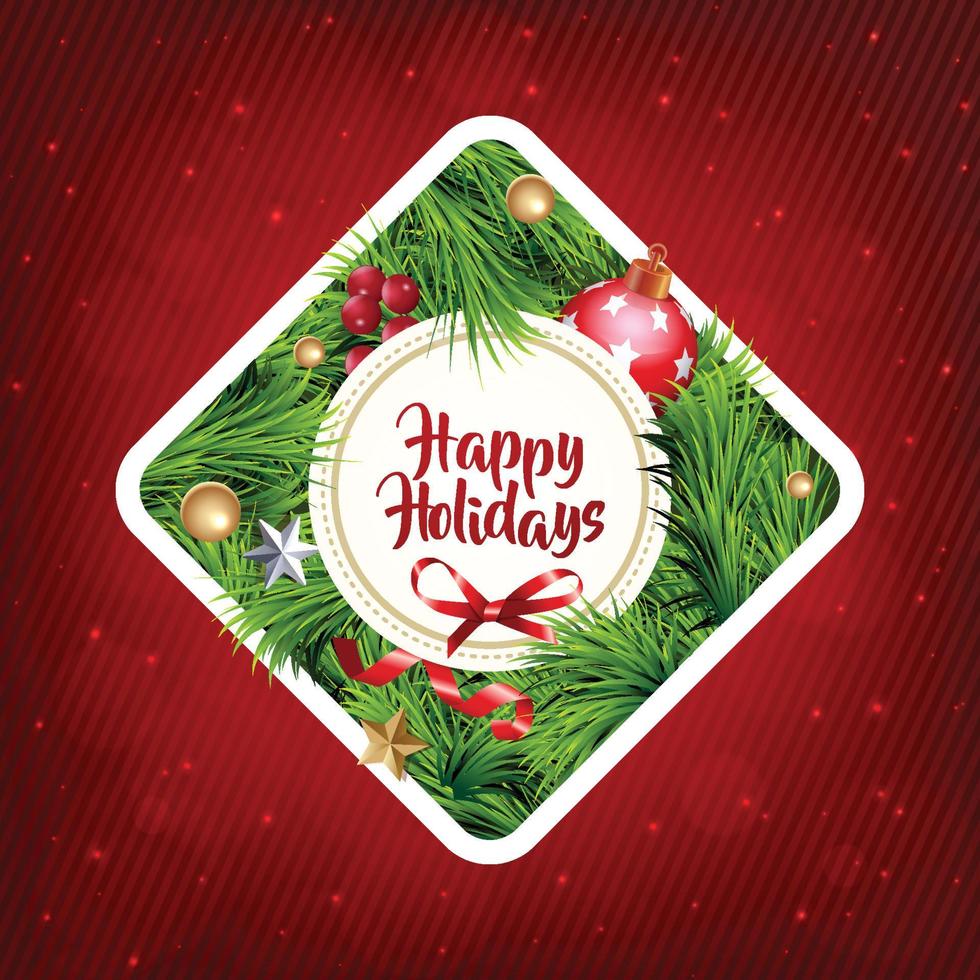 Holidays Greeting Card for Winter Happy Holidays. Fir-tree Branches frame with Lettering. 3d Golden Balls, Vector Lettering calligraphy for greeting card, poster, invitation. On holiday red background